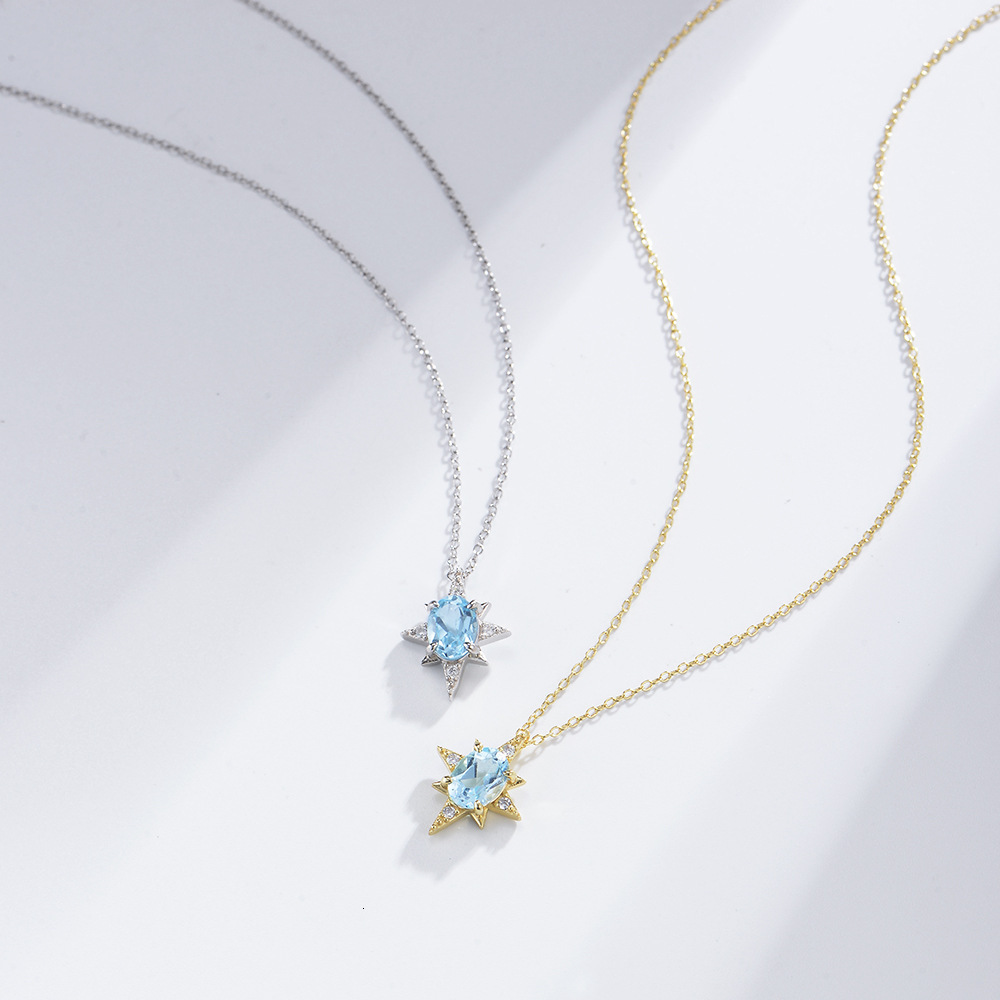 S Pure Sier Eight-Pointed Star Pendant Simple Sky Blue Natural Topaz Collarbone Chain Necklace for Women Trendy