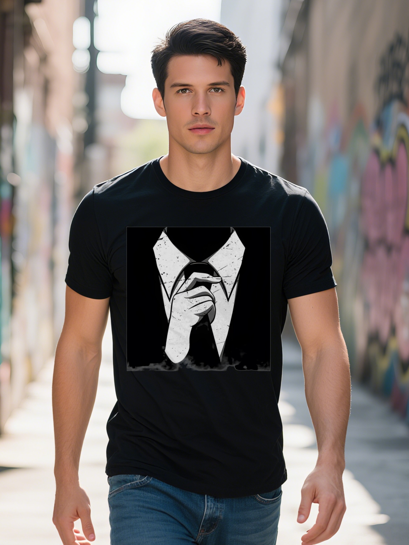 S Black T-Shirt with White Suit Shirt Print Stylish Round Neck Short Sleeve Summer Tee Perfect Gift for Men