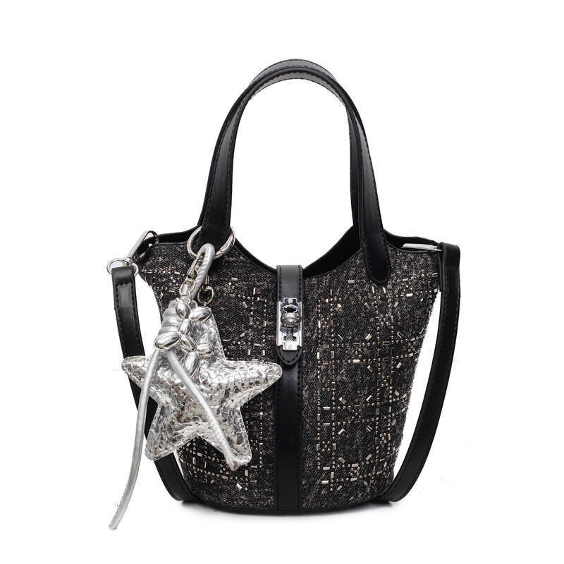 Bucket Niche Denim for Women Korean Style Rhinestone Sequin Versatile Handbag with Inlaid Diamonds Commuter Shoulder Bag