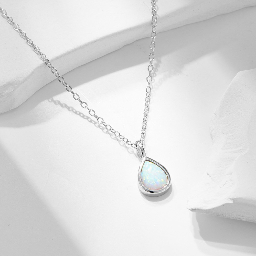 S Pure Sier Geometric Pear-Shaped Opal Necklace Light Ins High-End Simple Water Drop Pendant Collarbone Chain Jewelry for Women