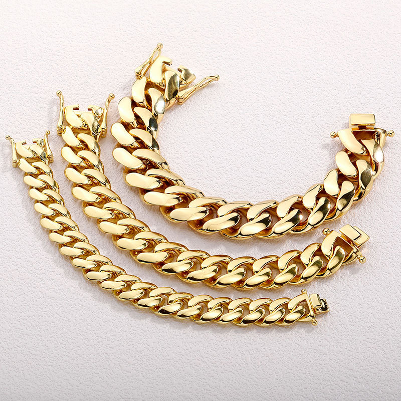 14//18/22mm Hip Hop Miami Cuban Chain Necklace Real Gold Plated High Quality Copper Jewelry