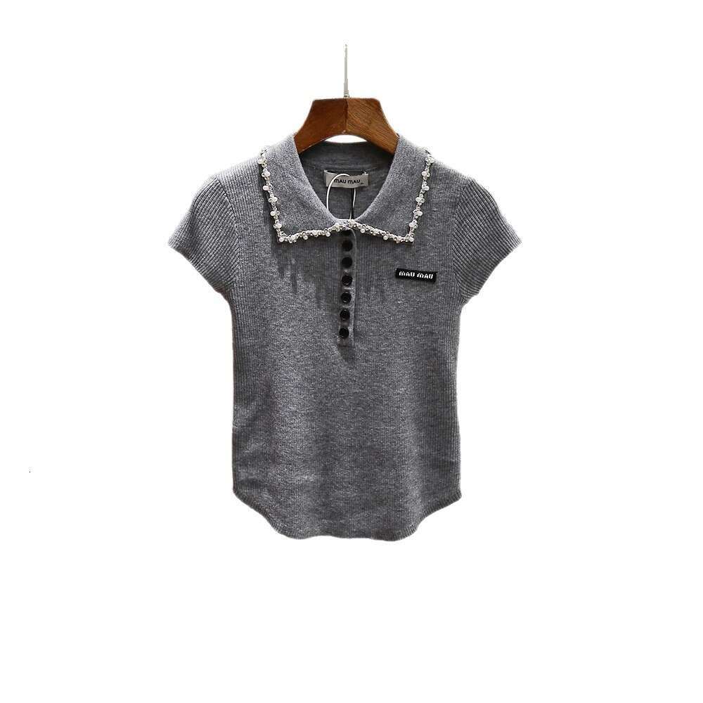 High-End Women's Summer New Age-Reducing Style Beaded Turn-Down Collar Curved Design Short-Sleeve Knitted Top For Women