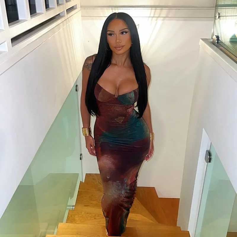 Summer Women Vintage Tie Dye Print Maxi Dress Sexy Backless Cleavage Body-shaping Spaghetti Strap Party Dress XJ250814