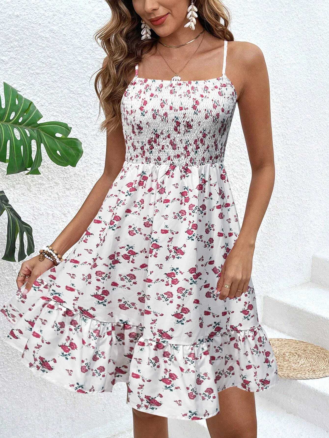 Womens Floral Print Shirred Spaghetti Strap Dress - Summer Boho Ruffle Sundress Casual Beach Maxi Dress XJ250814