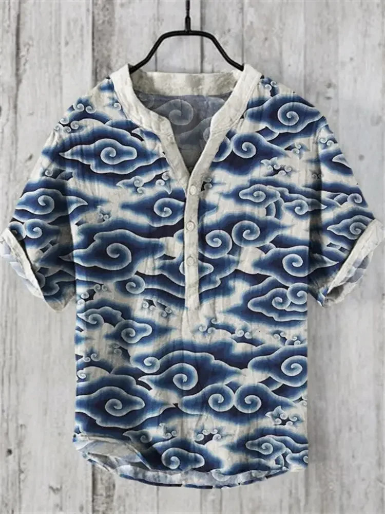 2025 mens Linen shortsleeved Shirt Fashion Casual Printed Tops European And American Style Clothing 250804