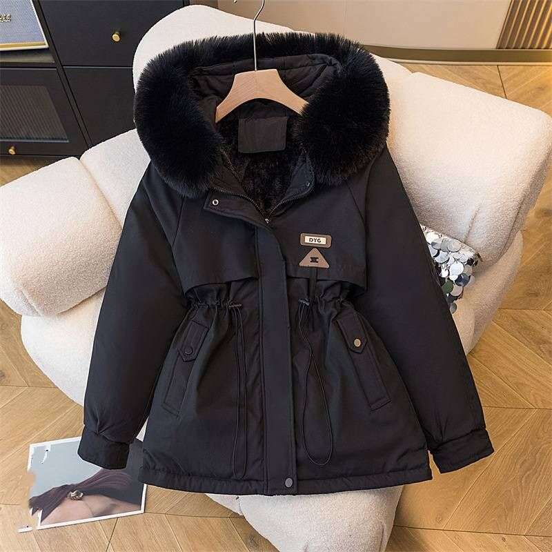 New Women's Cotton-Padded Plush Warm Coat Autumn Winter Parkas Coat Women's Long Sleeve Zipper Hooded Drawstring Parkas