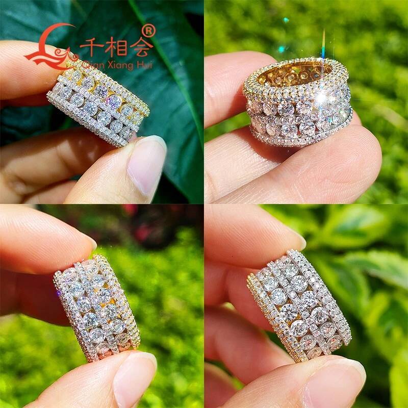 Double Color Yellow And Silver 11.8mm Full Moissanite Ring with round Brilliant Diamonds - Engagement Wedding Jewelryr Men Women