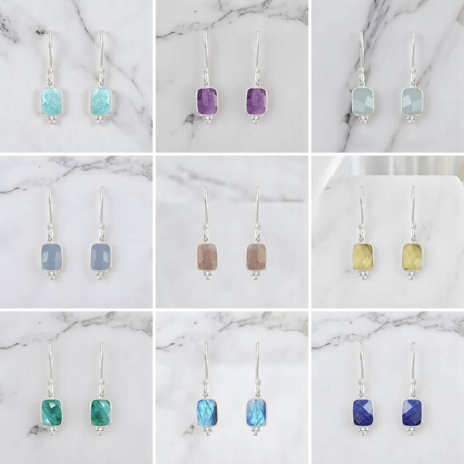 Sterling Sier Rainbow Moonstone Rectangular Inlay Frame Set Pendant Women's Loose Fashion Earrings