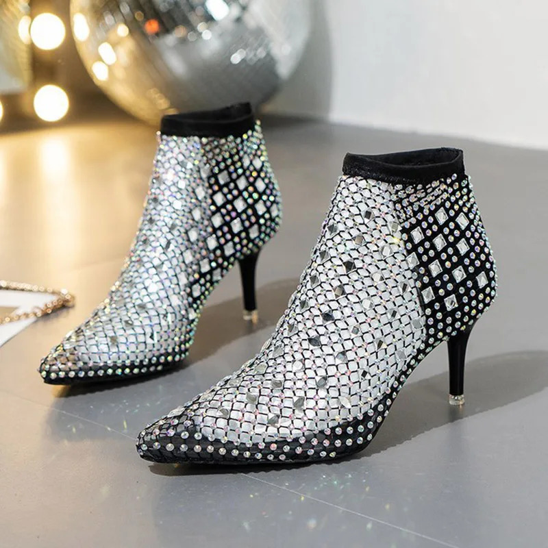 2025 Summer Mesh Sandals Boots Women Rhinestones Hollow Pointed Toe Shoes Woman Bling Stretch Socks Thin High Heels Ankle Boots 250812