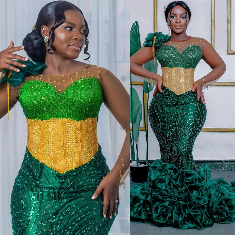 2025 Mermaid Plus Size Green Prom Dresses For Black Women Aso Ebi Illusion Sheer Neck Long Sleeves Appliqued Lace Beaded Birthday Dress Second Recepti