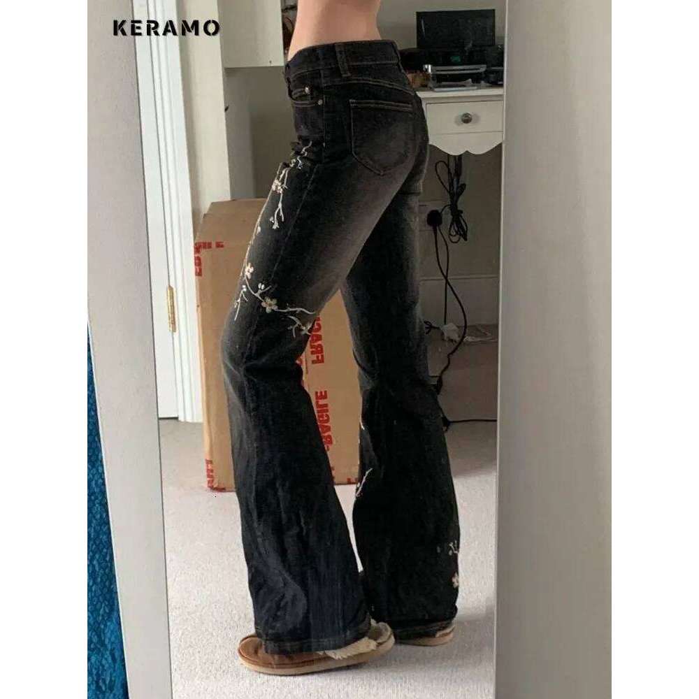 Weekeep Floral Embroidery Vintage 2000s Low Rise Flared Jeans Women Retro y2k Baggy Denim Pants High Street Basic Trousers