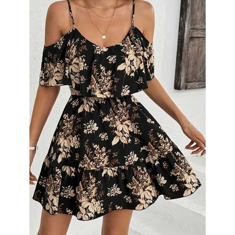 100% Cotton Printed Halter Neck Mini Dress Womens Bowed Waist Pleated Skirt Short Sleeve V-neck Gown for Ladies Fashionable XJ250814