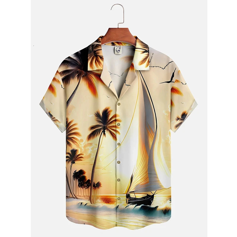Mens Hawaii Summer Dusk Pattern Casual Shirt 3D Beach Funny Short Sleeve Womens Clothes Blouse Floral Y2k Tops 4XL 250804