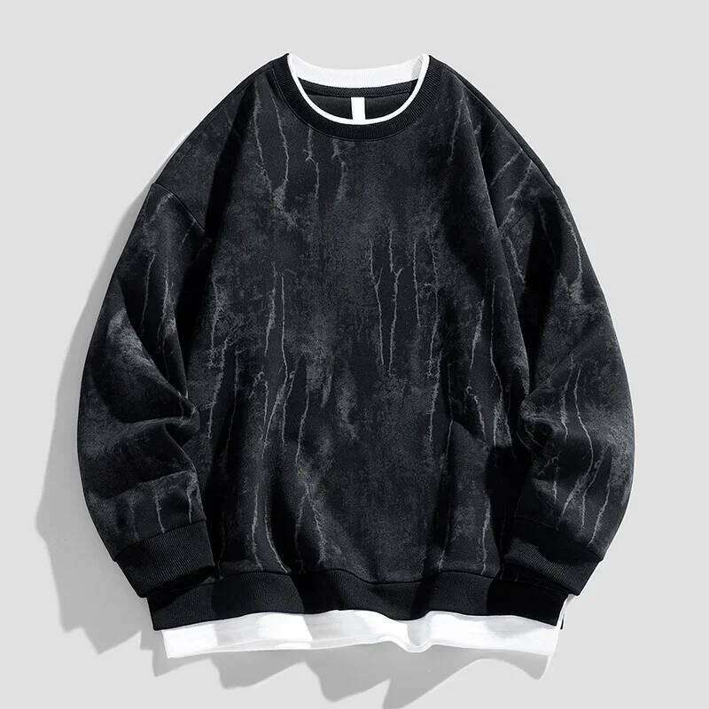 TFETTERS Brand O Neck Man Autumn Winter Irregular Printing Fake Two Pieces Sweatshirts Mens Long Sleeve Fashion