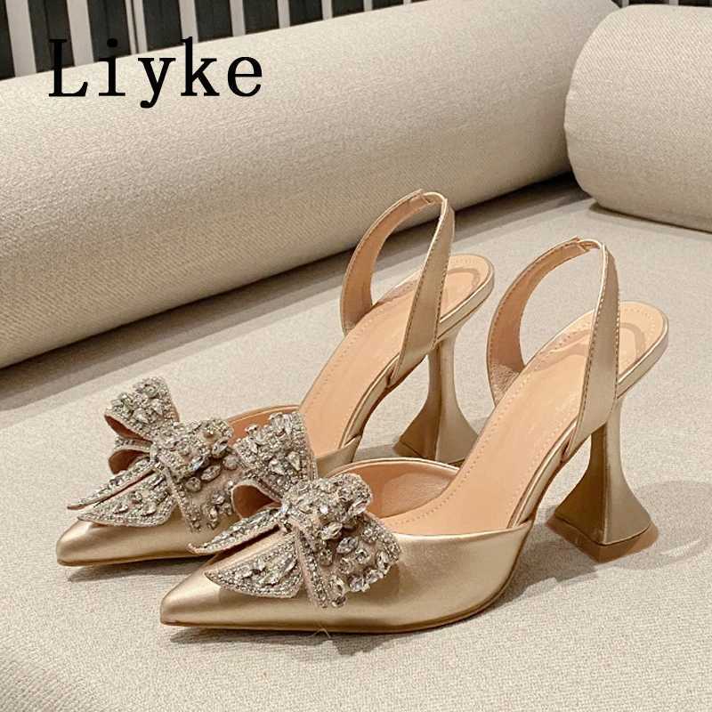 L ik e Spring Summer Fashion Rhinestone Bowknot Women Pumps Sexy Silk Pointed Toe Strange High Heels Party Prom Shoes Gold Silver W250814