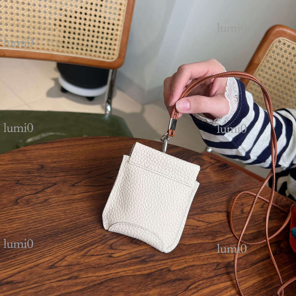 First Layer Cowhide Leather Neck Hanging Lipstick Earphone Bag Versatile Exquisite Clip Storage Coin Pouch Korean Version Mini Card Holder