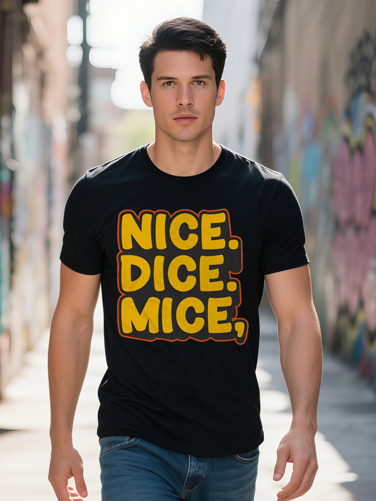 Men S Casual Nice Dice Mice T Shirt Black with Orange Border Round Neck Stretch Fabric Summer Style Perfect