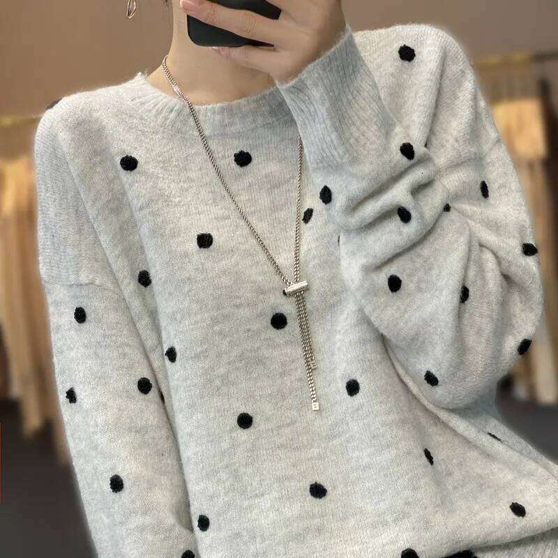 European Station 2022 New Goods Puffed Wool Sweater Women Polka Dot Round Neck Cashmere Pullover Long Sleeve Top Trend 20250809