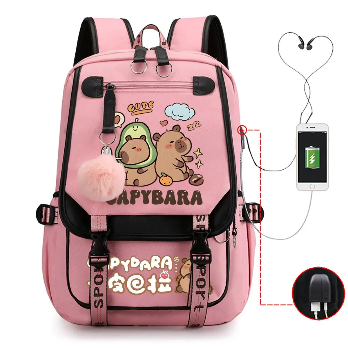 Capybara Backpack For Women Girls Large Capacity USB Charging Bags Children Teeneger School Backpack Cute Capybara Schoolbags 250813