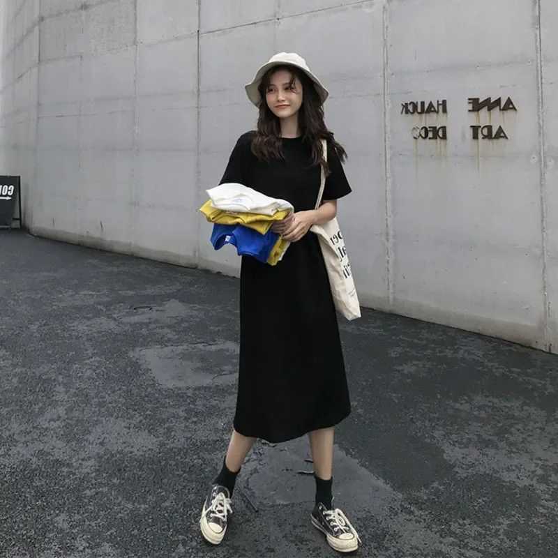 Long T-Shirt Dress Summer Korean Style Womens Mid-Length Short-Sleeve Round Neck Straight Tube Over-Knee Body-Con Dress XJ250814