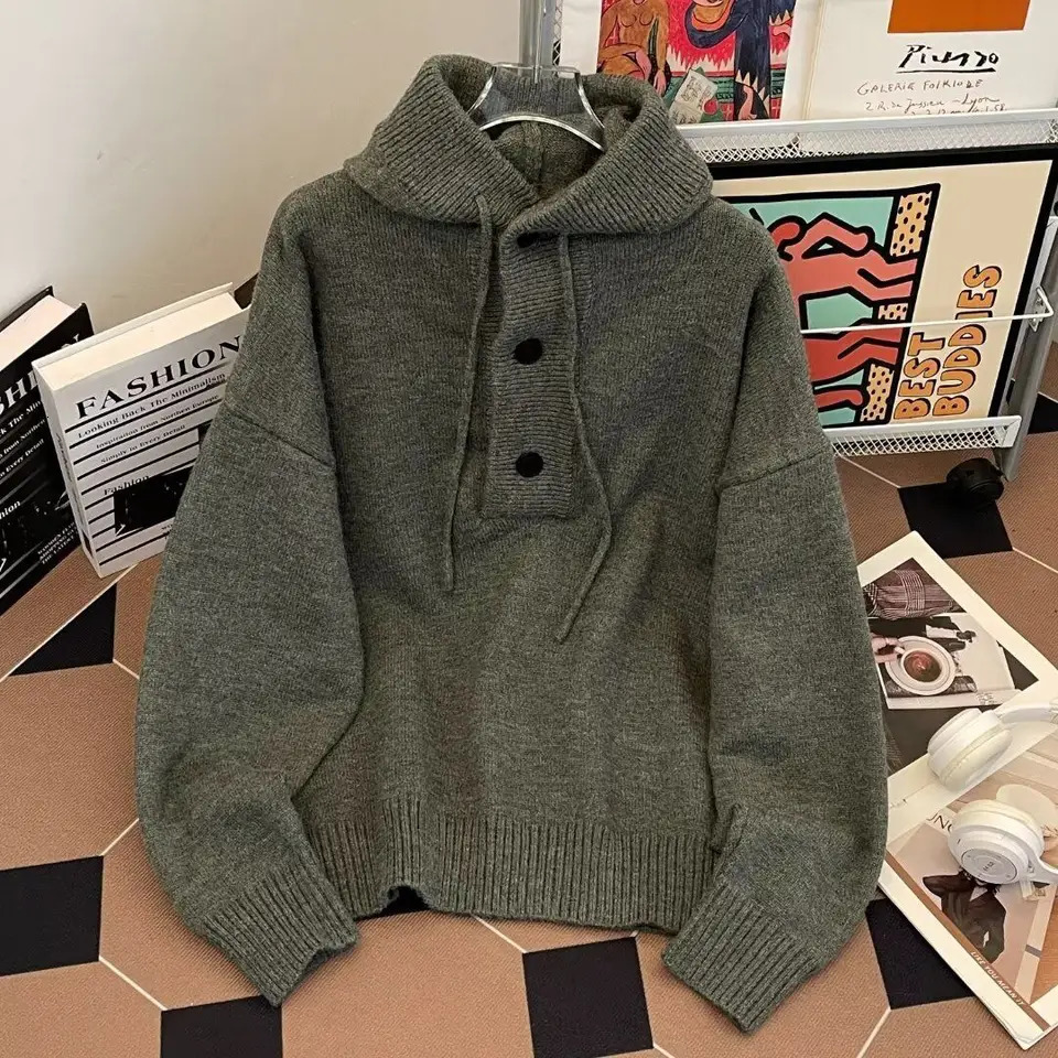 American autumn and winter men and women trendy personalized hooded sweater for couples loose retro knitted casual Harajuku top 250813