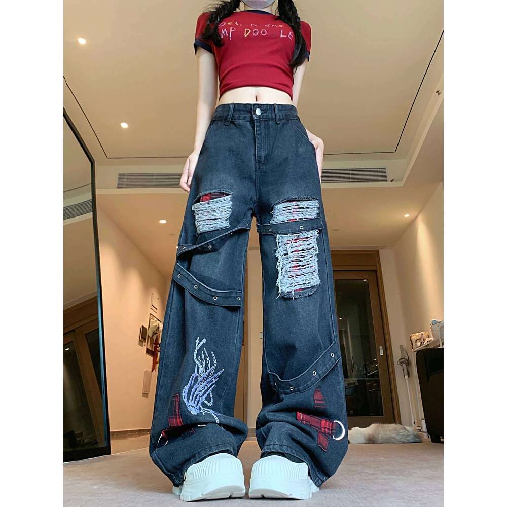 Women's Black Gothic Baggy Y2K Japanese Haruku Street High Waist Fashion Loose Wide Leg Retro Jeans Clothing 2025