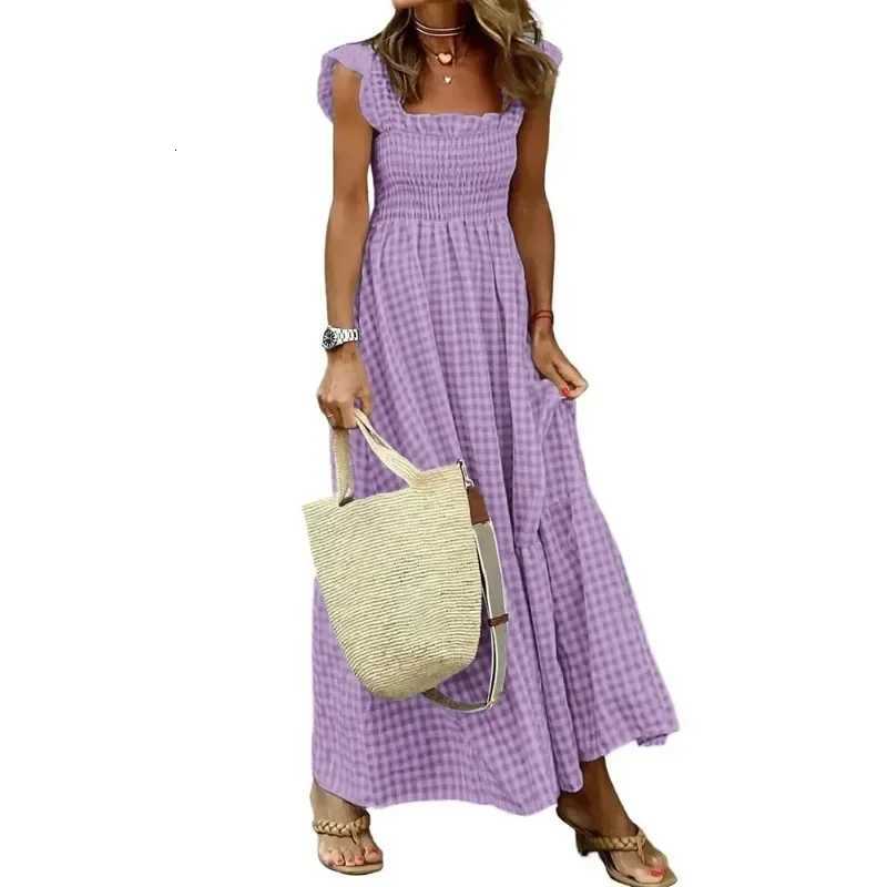 100% Plaid Slip Maxi Long Dress Summer Women Strapless Ruffle Backless Pleated Elastic Waist Boho Party Swing Loose Dresses XJ250814