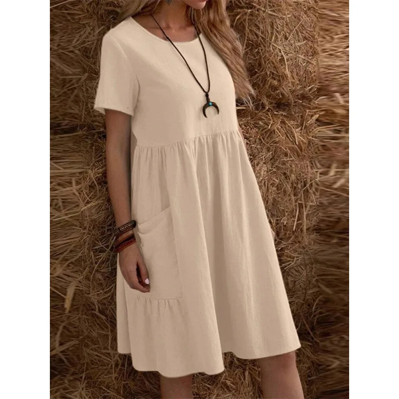 Solid Color Casual Loose Short Dresses For Women 2025 Fashion Summer Womens A-Line Midi Dress Elegant Vintage Female Dresses 250813