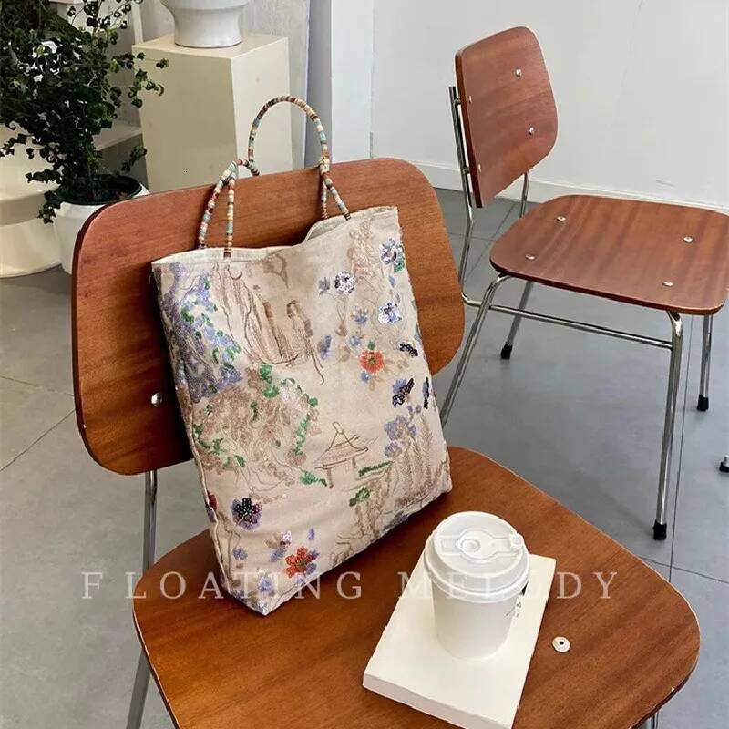 Flower Printed Women's Shoulder Bags Fashion Shopping Large Capacity Handbag Student Girls Bead Embroidered Tote high-quality