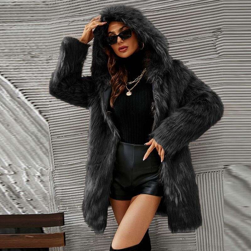 Women's Clothing New Autumn And Winter Hooded Mid Length Fur Jacket Top For Women