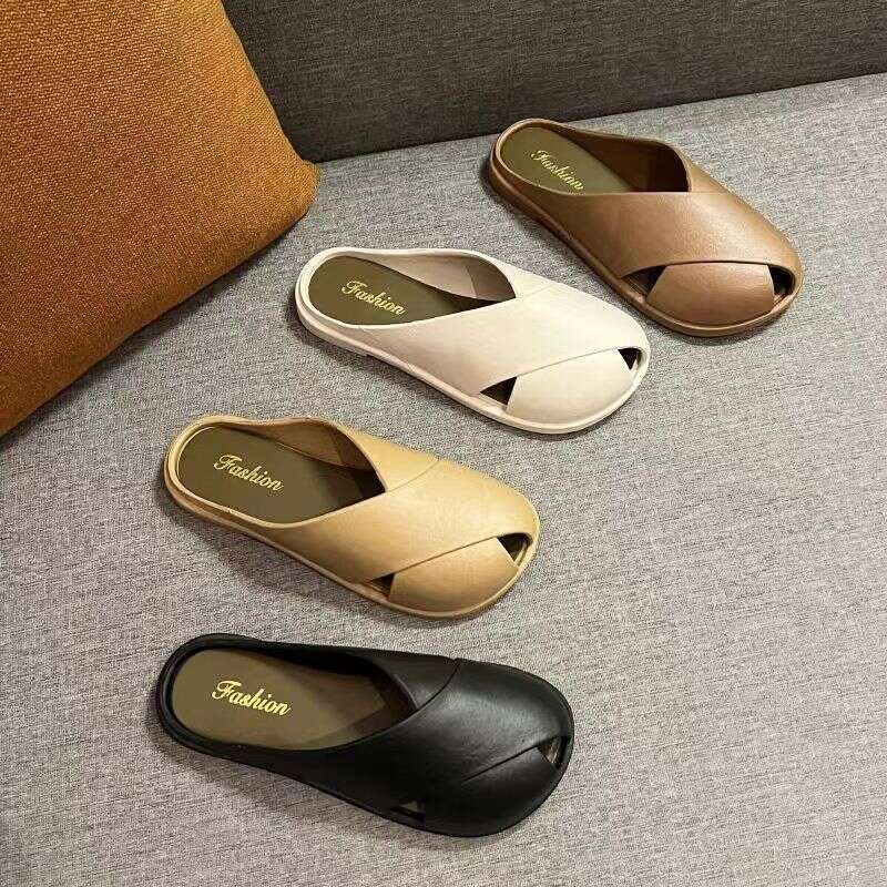 2024 Summer New Peep Internet Celebrity Closed Toe Half Slippers Outdoor Comfortable Lazy Soft Sole Sandals for Women