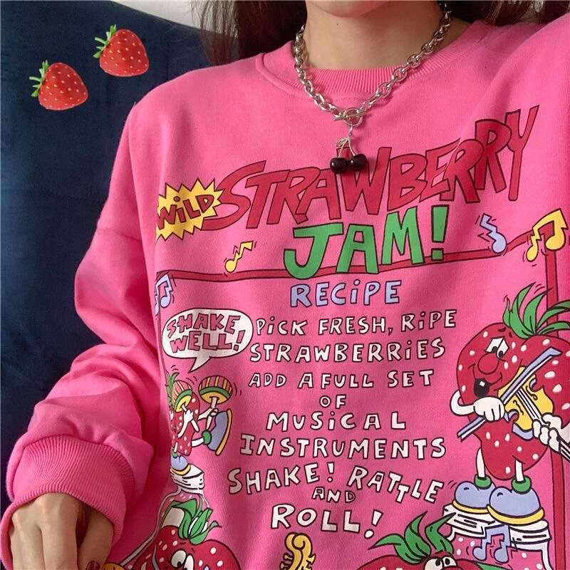 New Style Long Sleeve Crew Neck Loose Streetwear Big Strawberry Harajuku Girl Sweatshirt