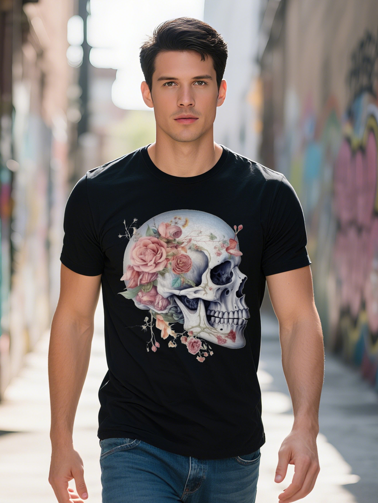 Men S Casual Skull and Rose Print Versatile Crew Neck Short Sleeve Lightweight Perfect for Summer Outfits or