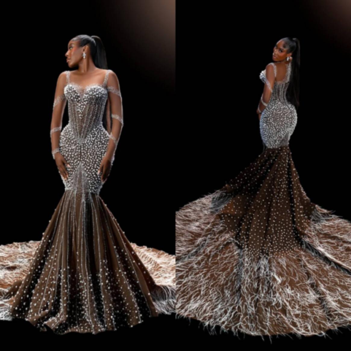 Sexy Mermaid Evening Dresses For Women Sheer Neck Long Sleeves Gown Pearls Beaded Feather Sweep Train Dress Party Customized Dress