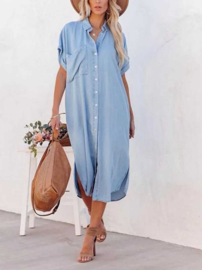 Womens Casual Loose Solid Color Short Sleeve Long Slit Shirt Dress with Shoulder Sleeves and Button-Up Dress XJ250814