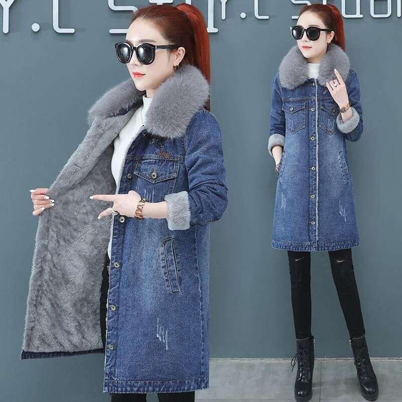 Women Winter Denim Fleece Coat Big Furry Collar Mid Length Flap Pockets Cardigan Warm Thick Casual Lady Jackets