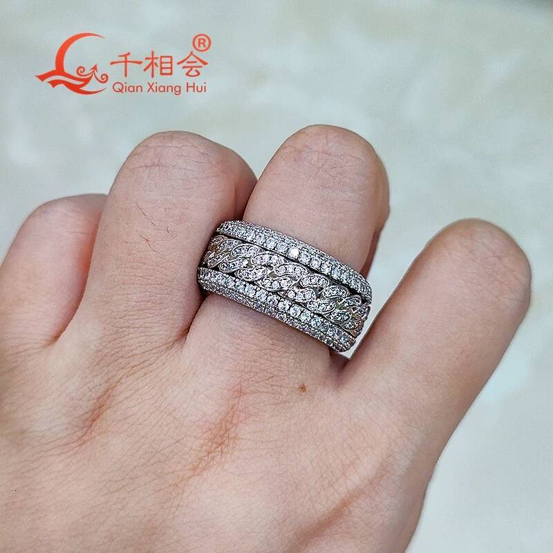Hip Hop D VVS White Moissanite Double Rotatable Ring 925 Sterling Silver Eternity Band Unisex Jewelry Gift