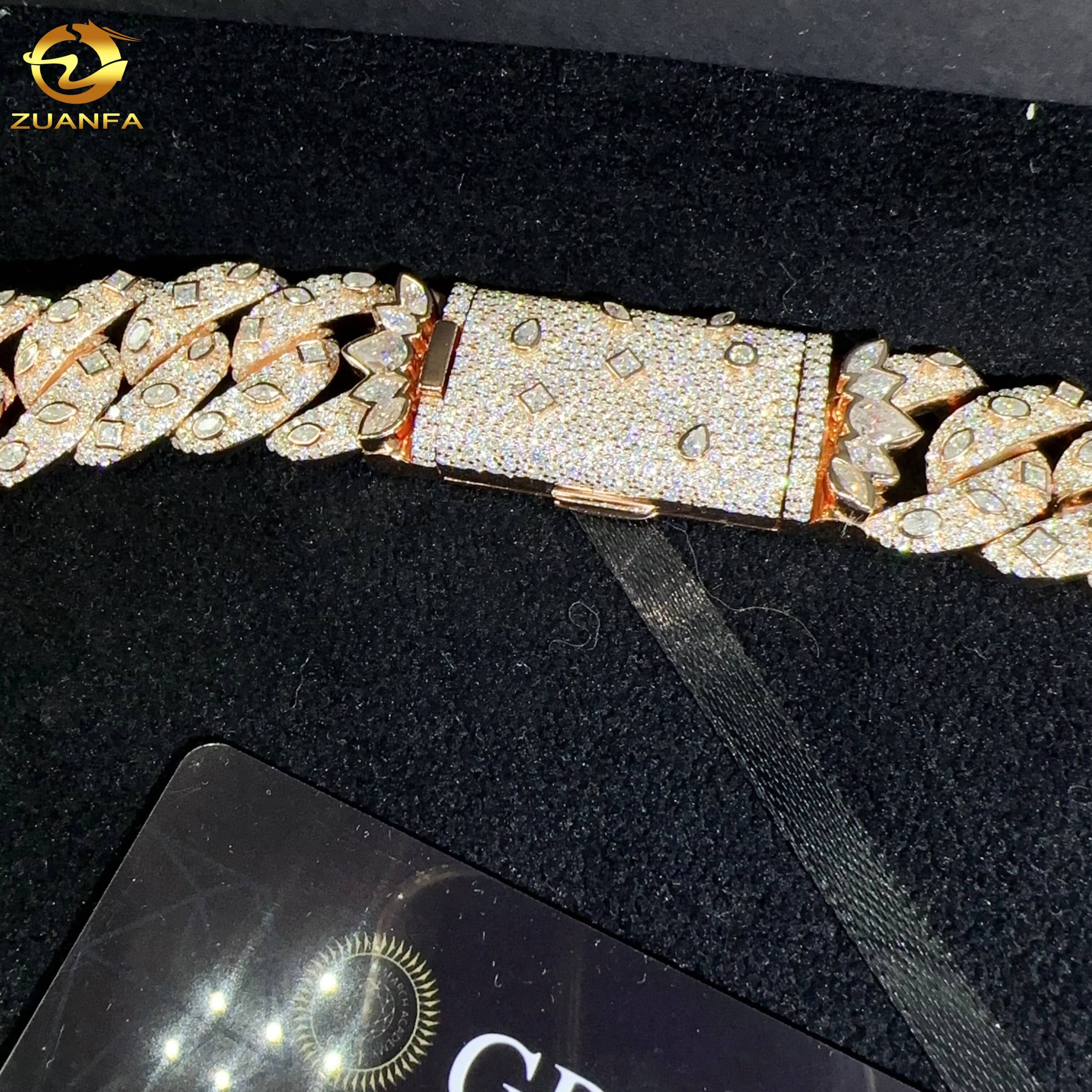 Hip Hop Jewelry Sterling Sier 20MM Necklace Iced Out VVS Moissanite Dia Miami Cuban Link Chain Gold Plated