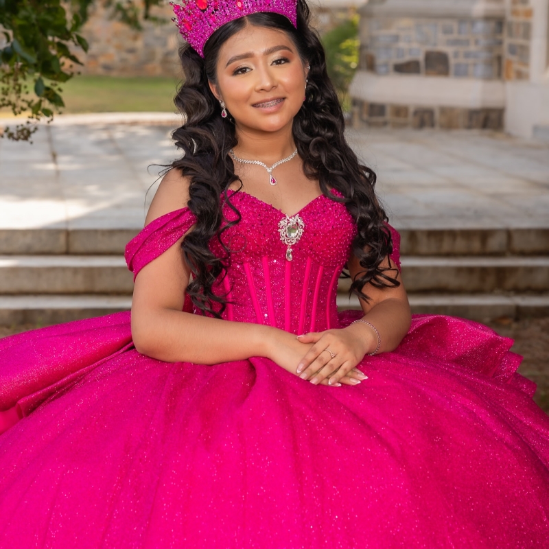 Rose Red Shiny Quinceanera Dresses Off The Shoulder Beads Corset Tull Party Birthday Ball Gown Vestidos De 15 Anos Sweet 16 Dress