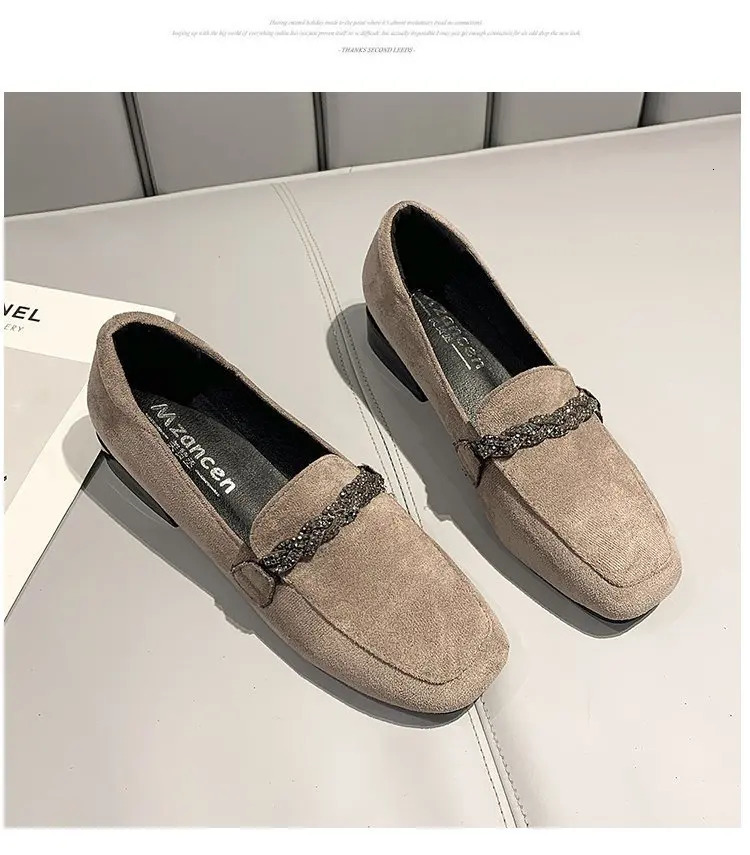 Autumn Winter Women Loafers Low Heels Boat Shoes Square Toe Dress Shoes Chain Faux Suede Plush Warm Ladies Shoes Plus Size 250809
