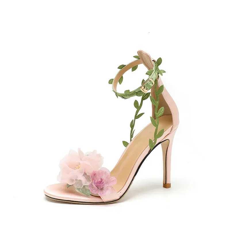 2024 Wedding Shoes New Pink Countryside Chiffon Flower Fantasy High Heels Straight Vine Strap Sandals for Women W250814