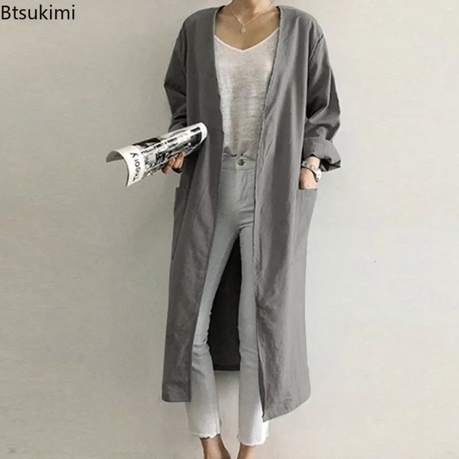 2025 Womens Simple Temperament Cardigan Solid Long Trench Coats Fashion Casual Vneck Kimono Top Jackets Robe 250805