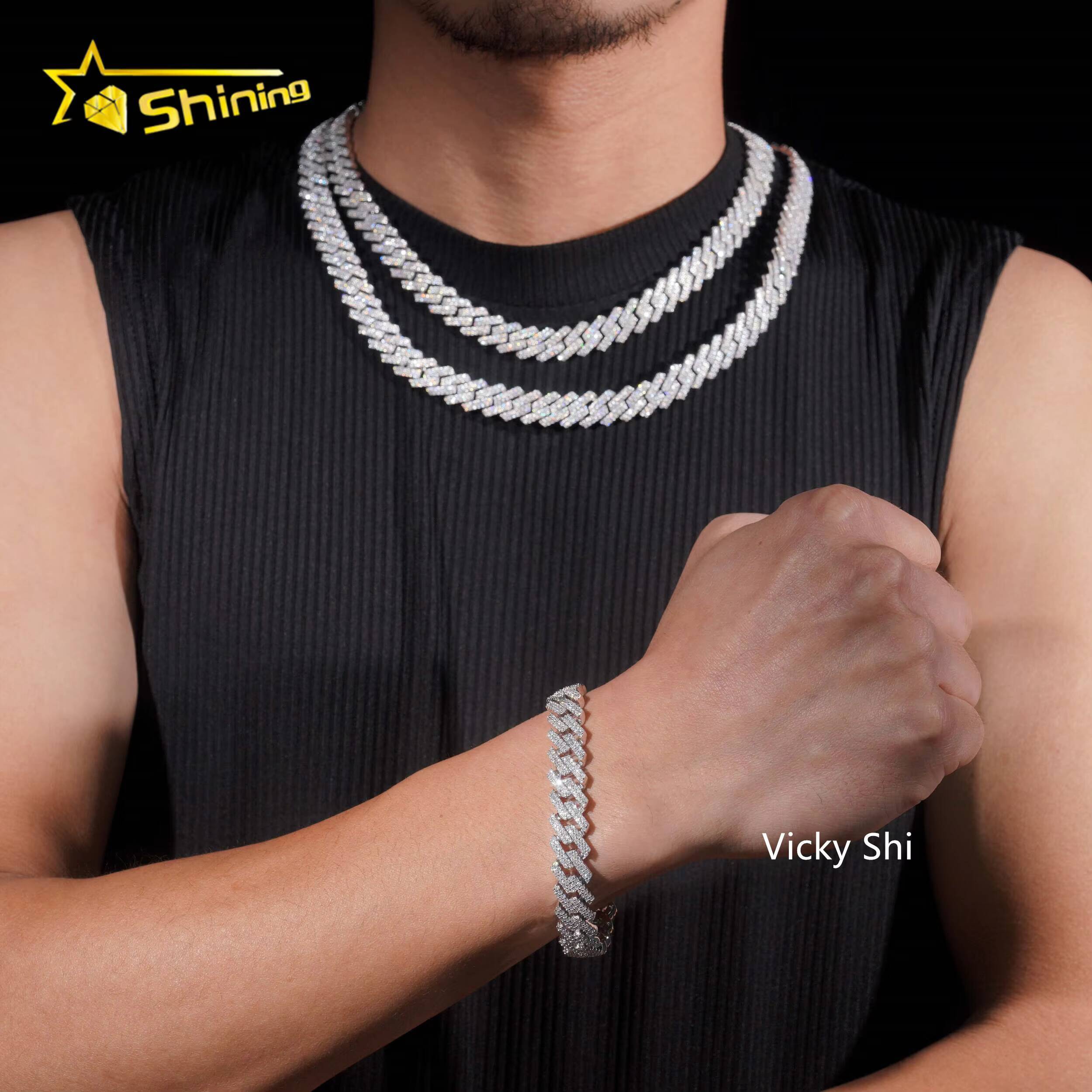 Hot Selling Hip Hop Men Cuban Necklace GRA 925 Solid Silver 13mm Two Rows Iced Out VVS1 Moissanite Cuban Link Chain