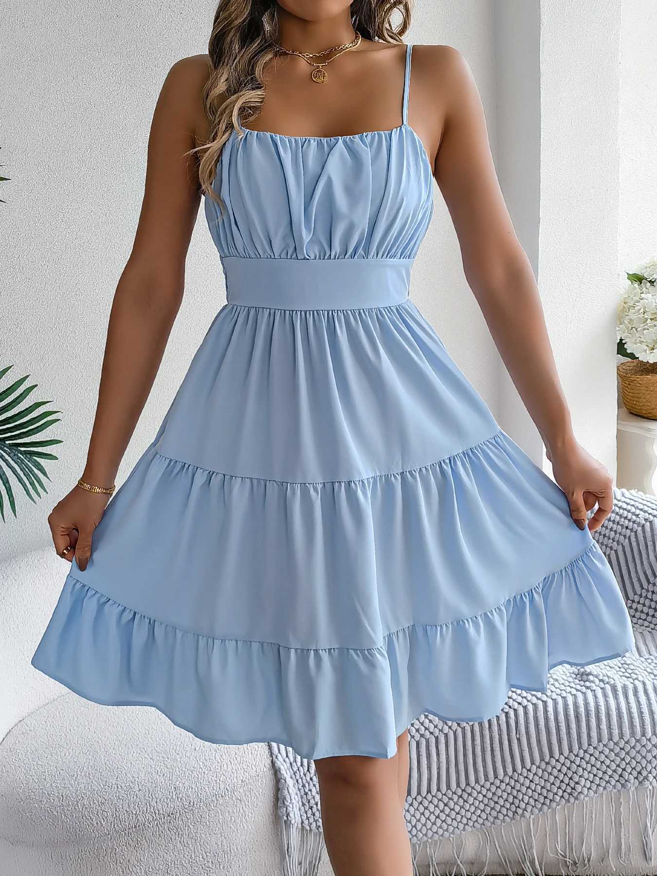 Casual Vacation Ruffled Camisole Dress Spring Summer Womens Solid Dresses for Women XJ250814