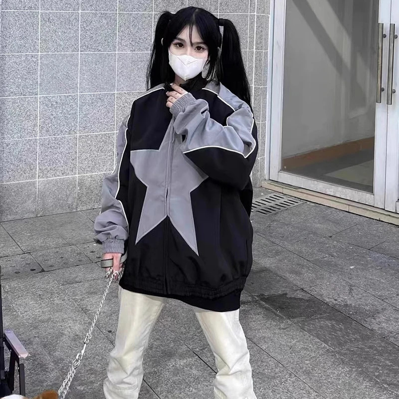 Spring Bomber Jacket Men Women Vintage Star Pattern Harajuku Y2k Windbreaker Coat Streetwear Zipper Patchwork Outerwear Unisex 250813