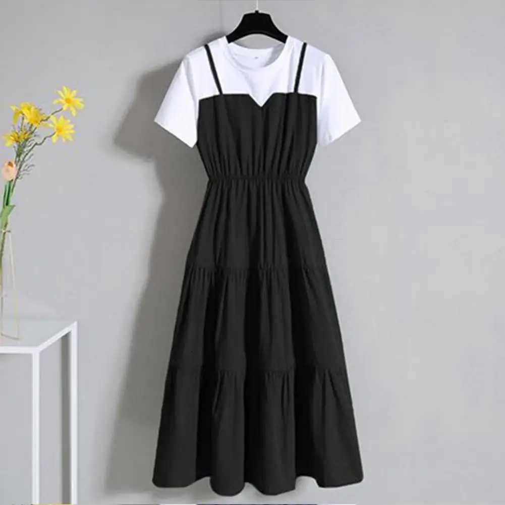 2 Pieces Women Dress Color Block Short Sleeve Waist Tight Long Dress Korean Fashion Summer Midi Dresses Streetwear XJ250814