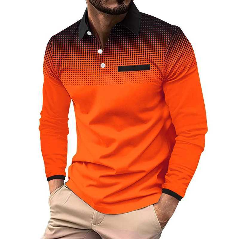 Fashionable 3D Digital Contrasting Print Mens Lapel Long Sleeved Polo Shirt with Button Design for Comfortable Outdoor WearXJ250804