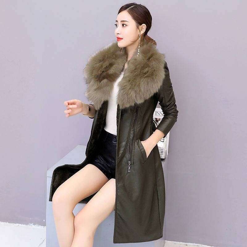 Big Fur Collar PU leather Jacket Autumn Winter Velvet Thicken Soft Faux PU leather Coat Women Korean Long Overcoat