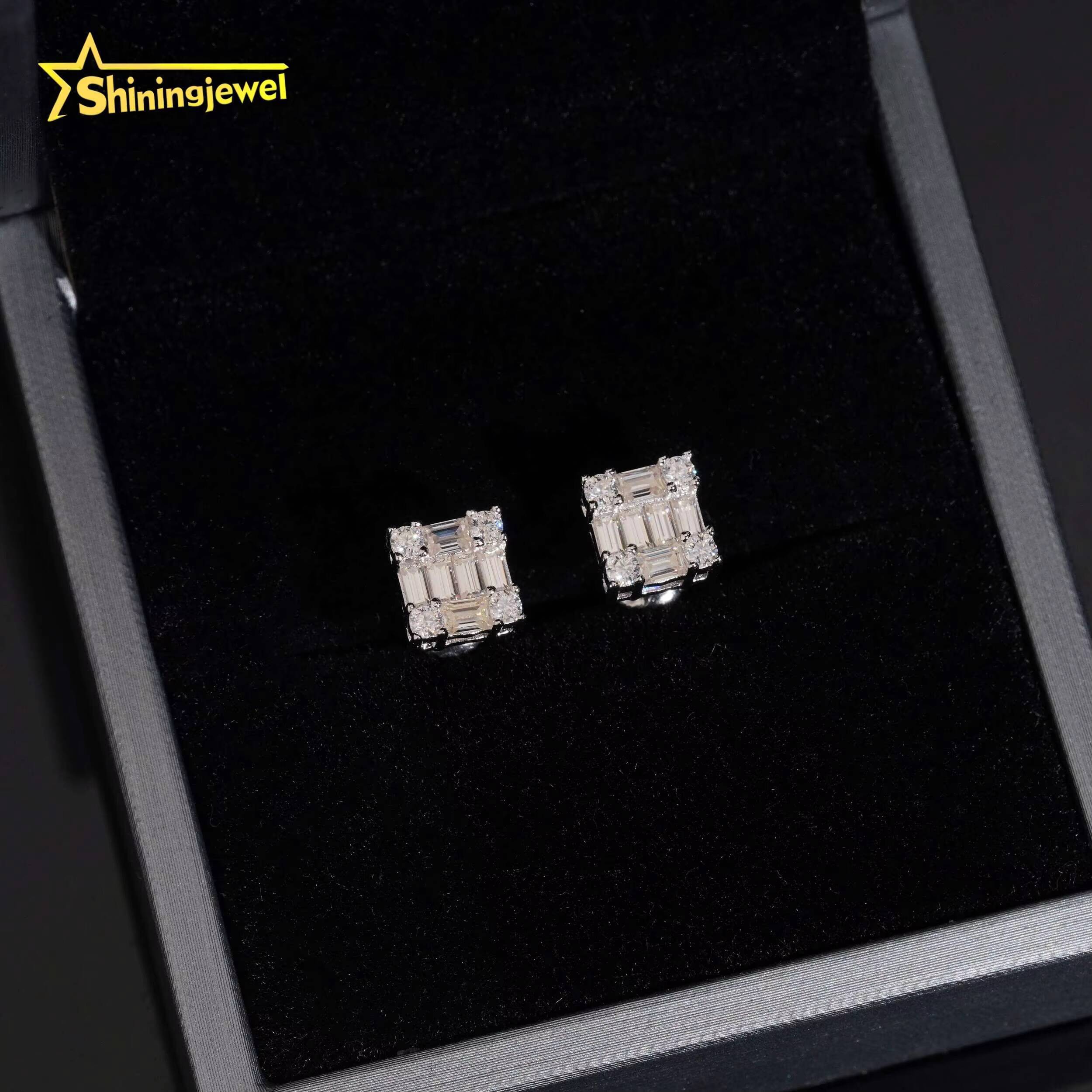 Jewelry Sier Emerald Cut Moissanite Dia Bling Special Design Iced Out Square Stud Earrings for Men