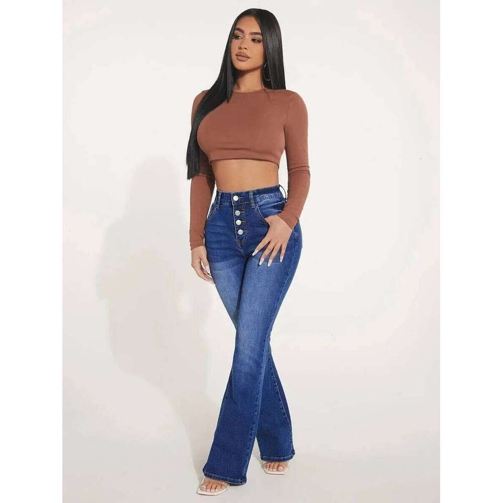 High Street Fashion High-waisted Women Four Seasons New Temperament Slim Micro-flared Jeans Casual Breasted Denim Pants